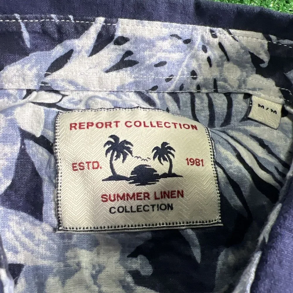 Report Collection Summer Linen Mens Blue Button Down Short Sleeve Size‎ Med NWT